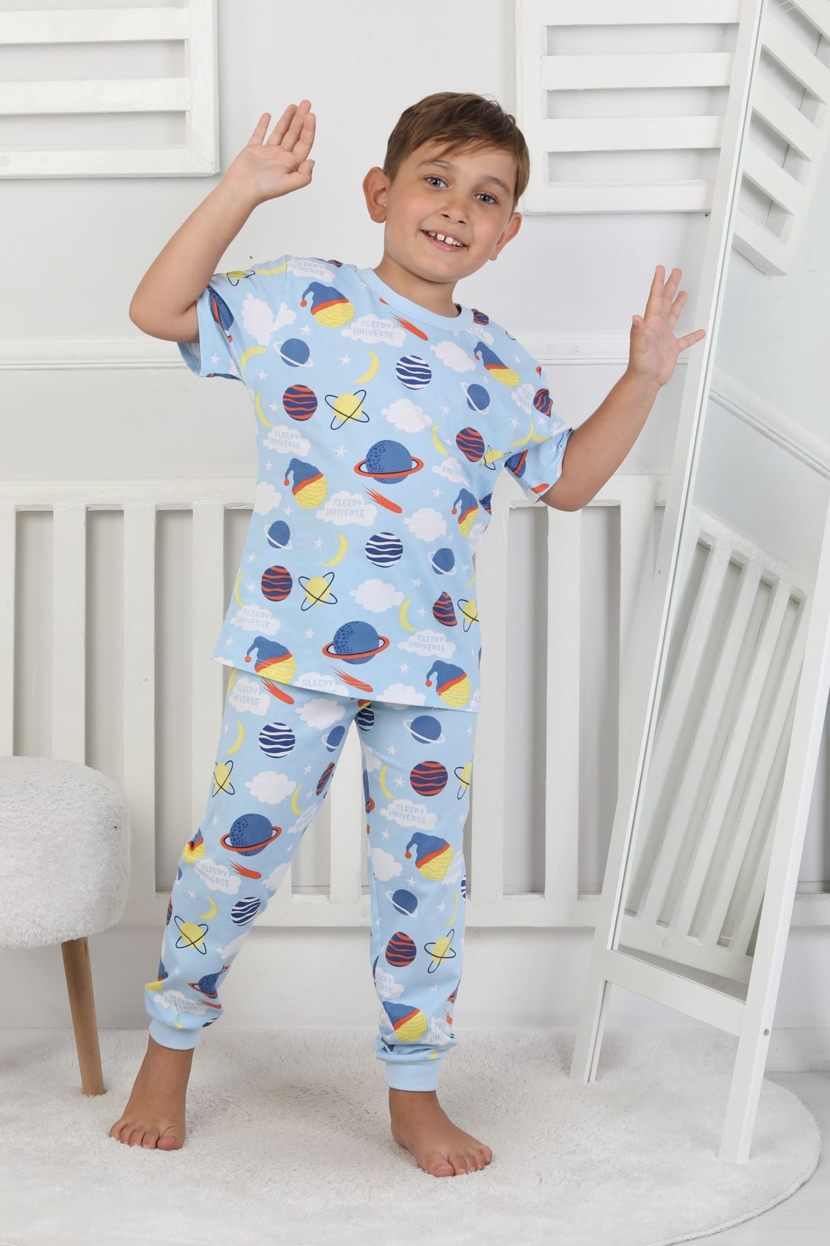 Kısa Kollu Planet Pattern Erkek Çocuk Pijama Takımı