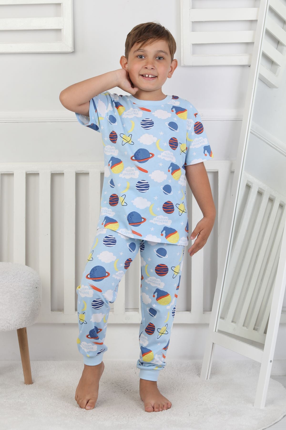 Kısa Kollu Planet Pattern Erkek Çocuk Pijama Takımı