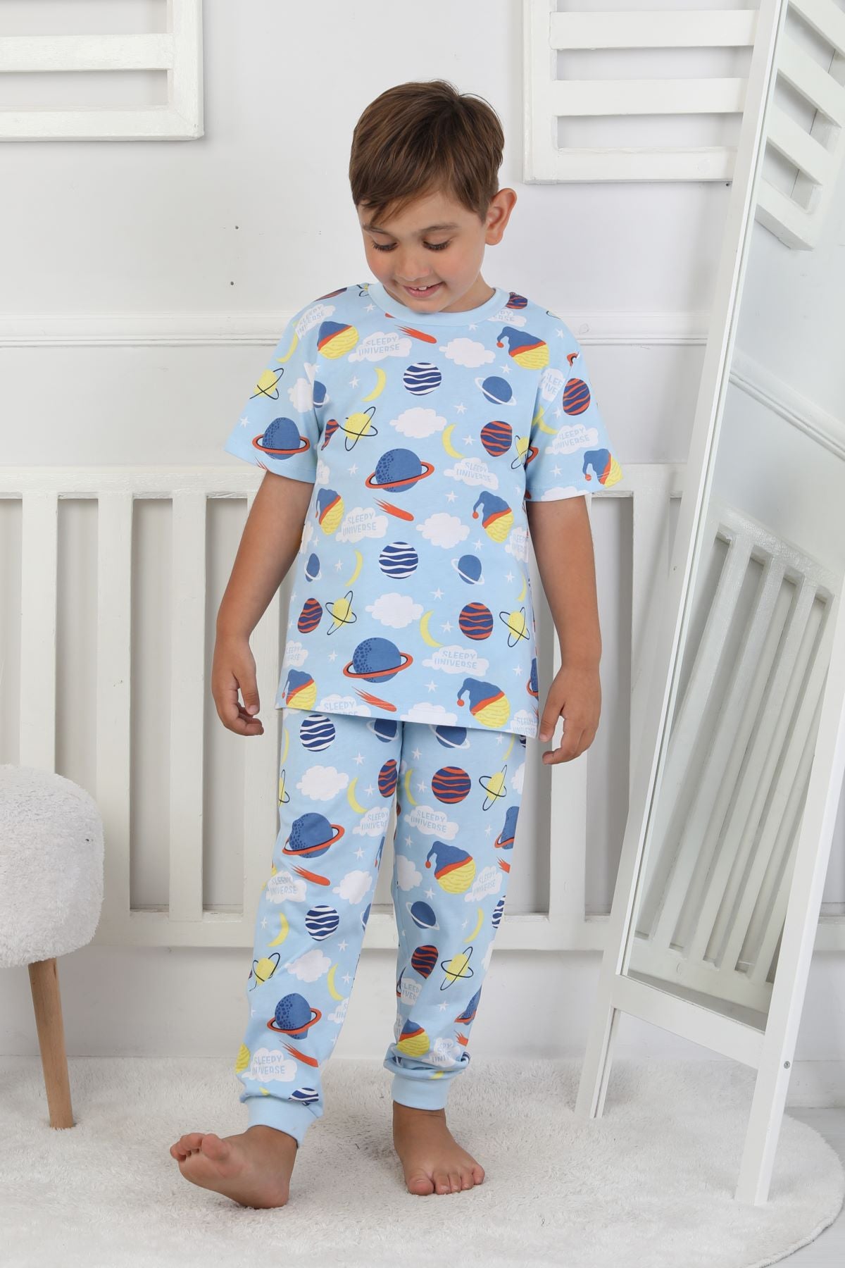 Kısa Kollu Planet Pattern Erkek Çocuk Pijama Takımı