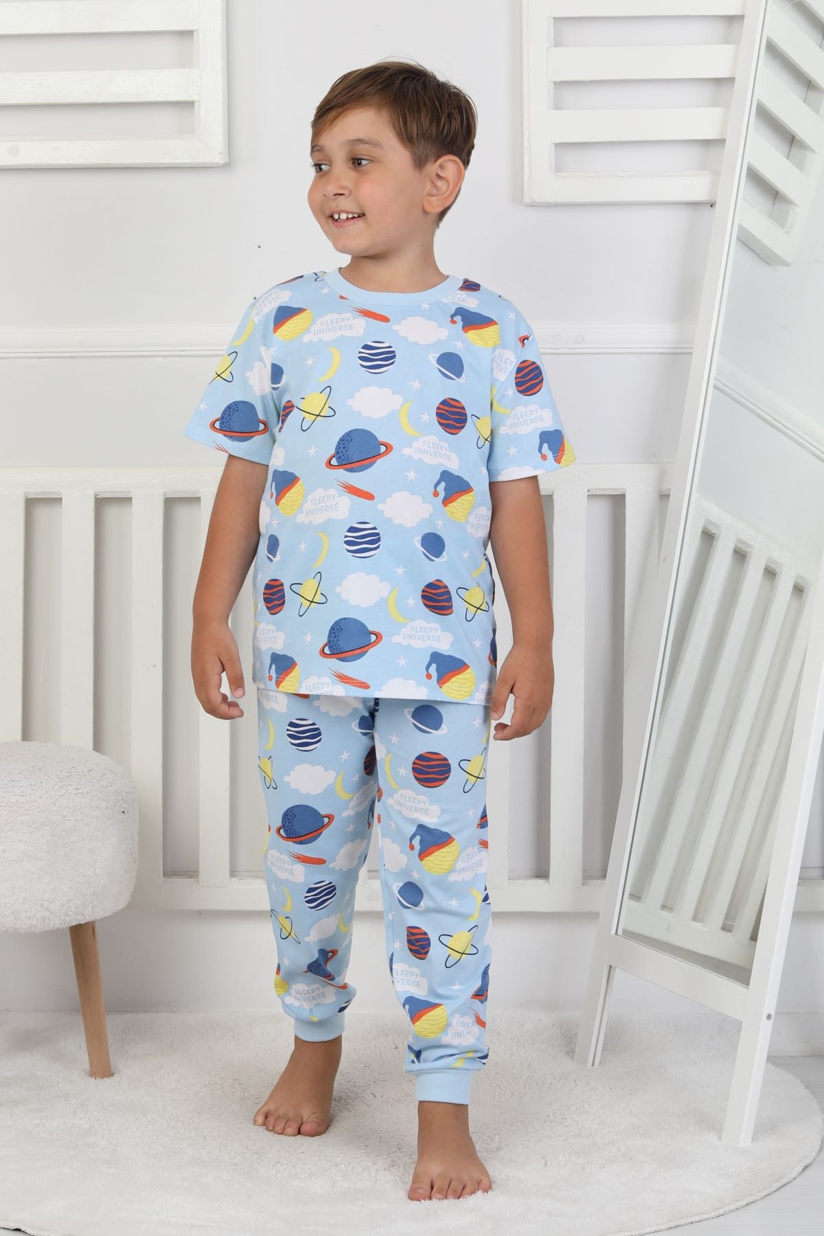 Kısa Kollu Planet Pattern Erkek Çocuk Pijama Takımı