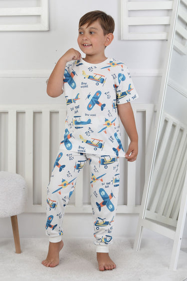 Kısa Kollu Time To Fly Plane Desenli Erkek Çocuk Pijama Takımı