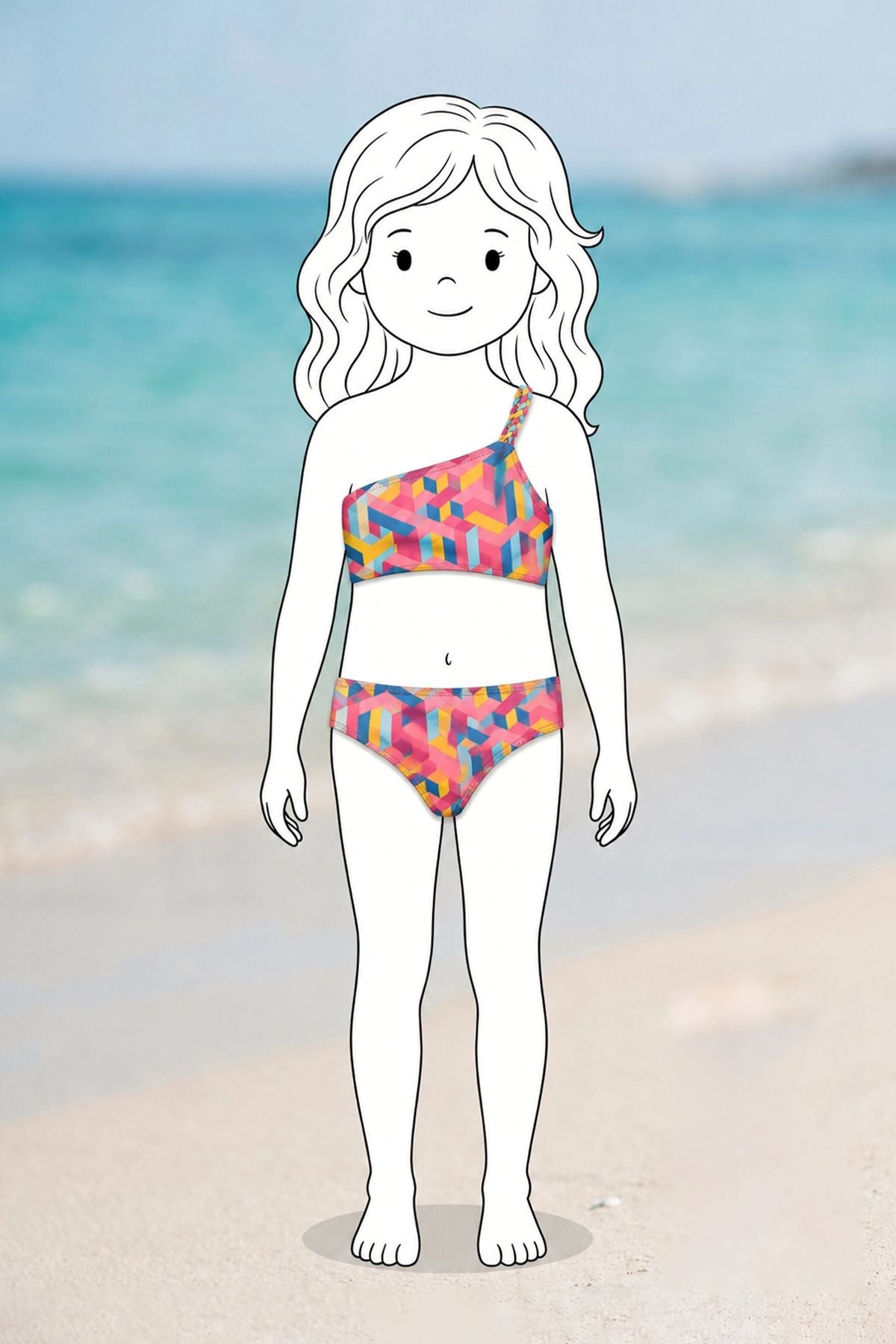 Kız Çocuk Asimetrik Örgü Askılı Renkli Bikini - Mayo Takımı - Yüz Boyaması Hediyeli