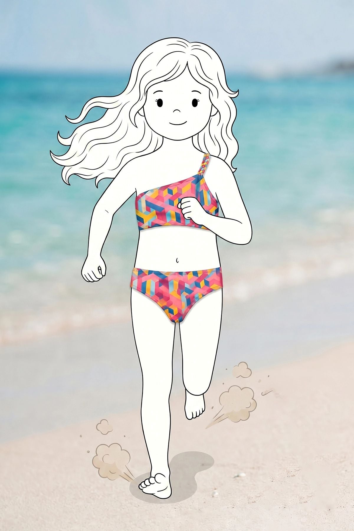 Kız Çocuk Asimetrik Örgü Askılı Renkli Bikini - Mayo Takımı - Yüz Boyaması Hediyeli