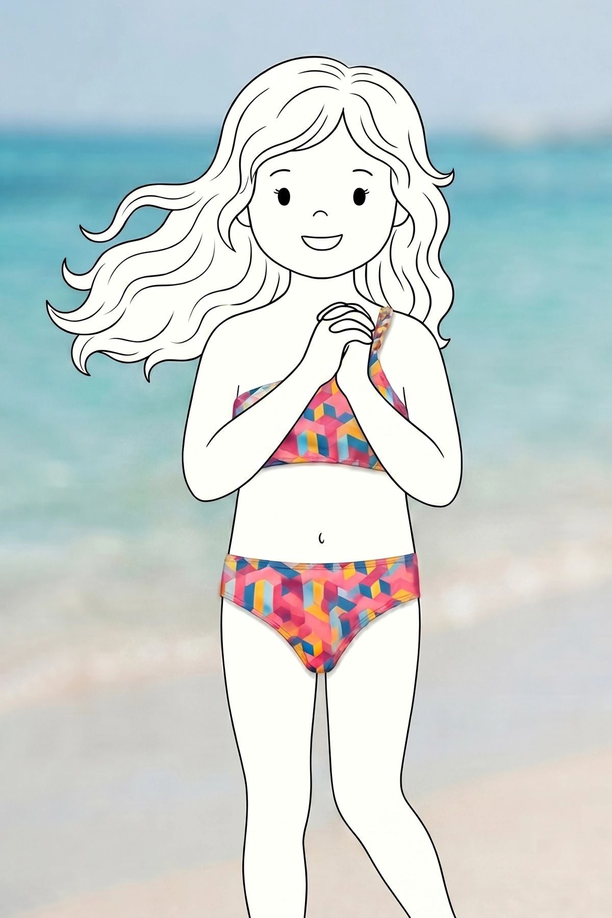 Kız Çocuk Asimetrik Örgü Askılı Renkli Bikini - Mayo Takımı - Yüz Boyaması Hediyeli