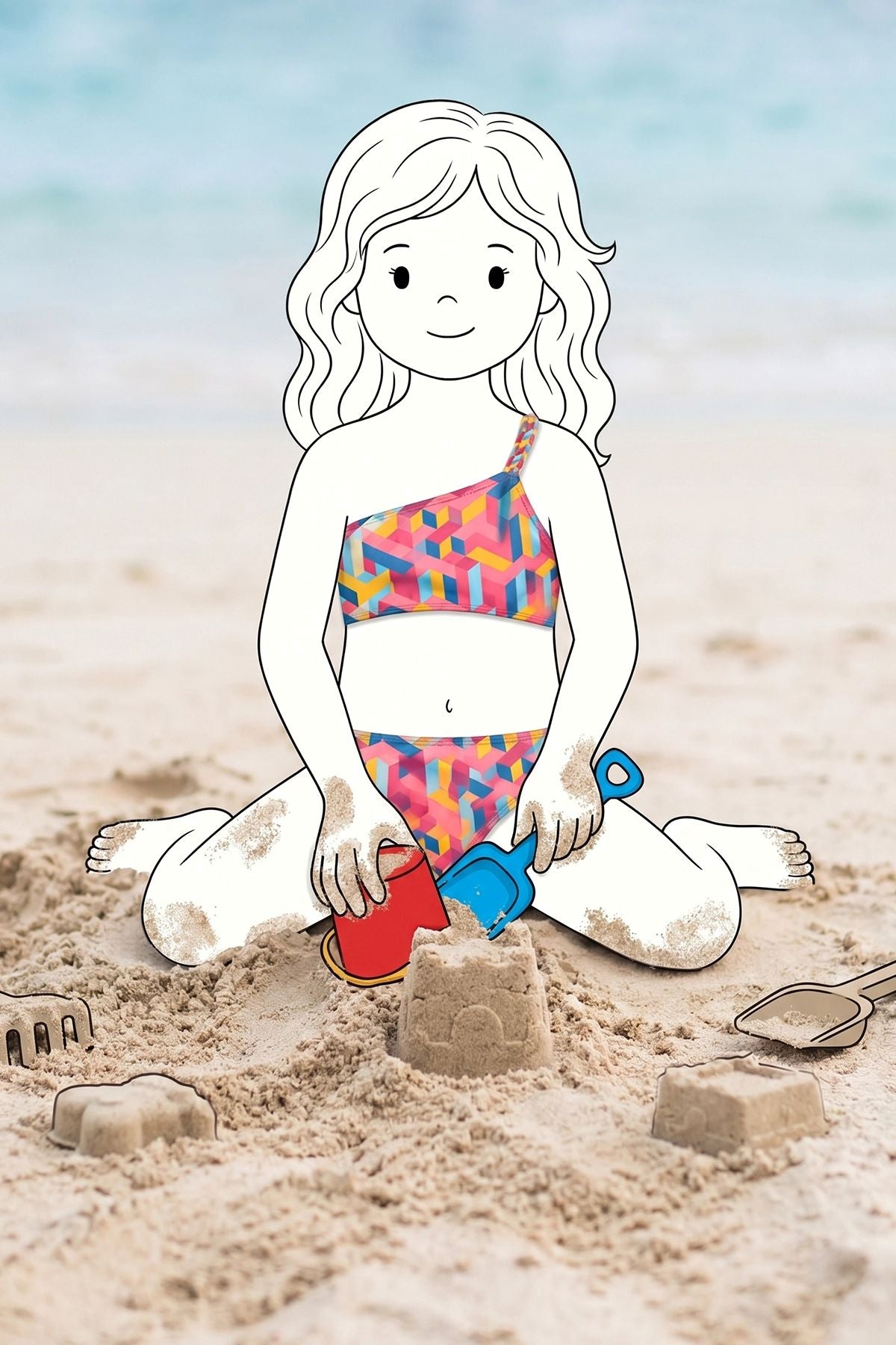 Kız Çocuk Asimetrik Örgü Askılı Renkli Bikini - Mayo Takımı - Yüz Boyaması Hediyeli