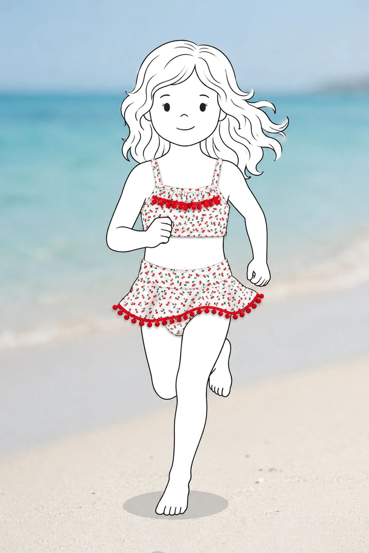Kız Çocuk Askılı Kiraz Desenli Kırmız Ponpon Detaylı Etekli Bikini Takımı