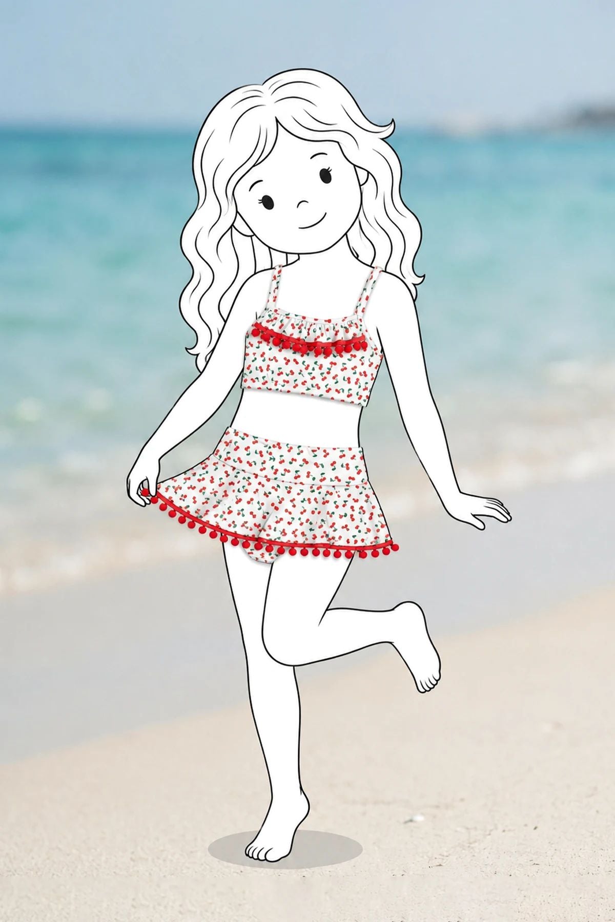 Kız Çocuk Askılı Kiraz Desenli Kırmız Ponpon Detaylı Etekli Bikini Takımı