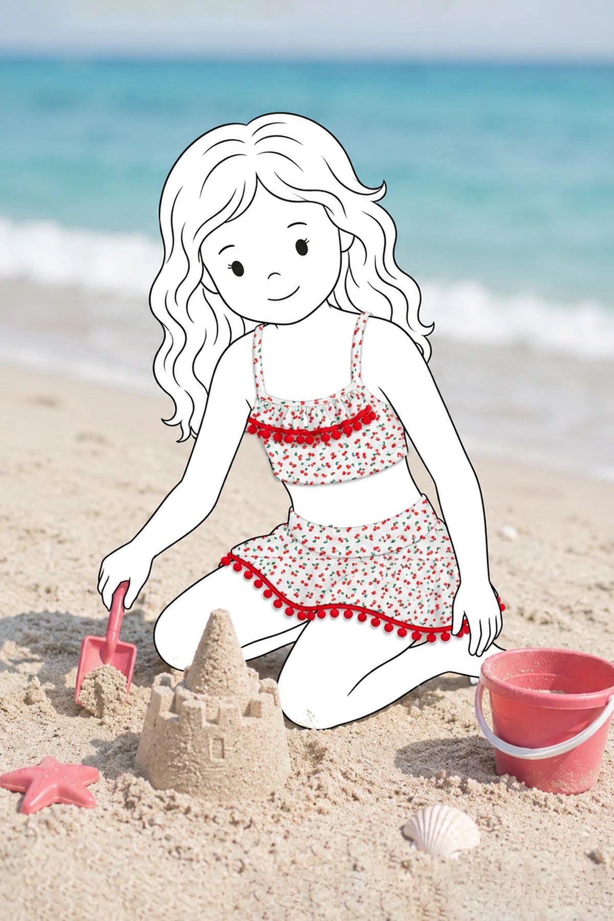 Kız Çocuk Askılı Kiraz Desenli Kırmız Ponpon Detaylı Etekli Bikini Takımı