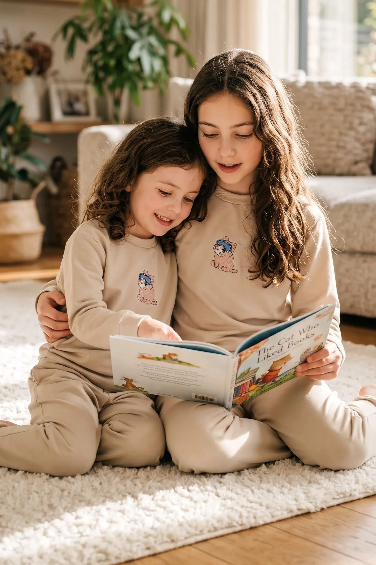 Kız Çocuk Bej Rengi Süprem %100 Pamuk Kedi Baskılı Pijama Takımı