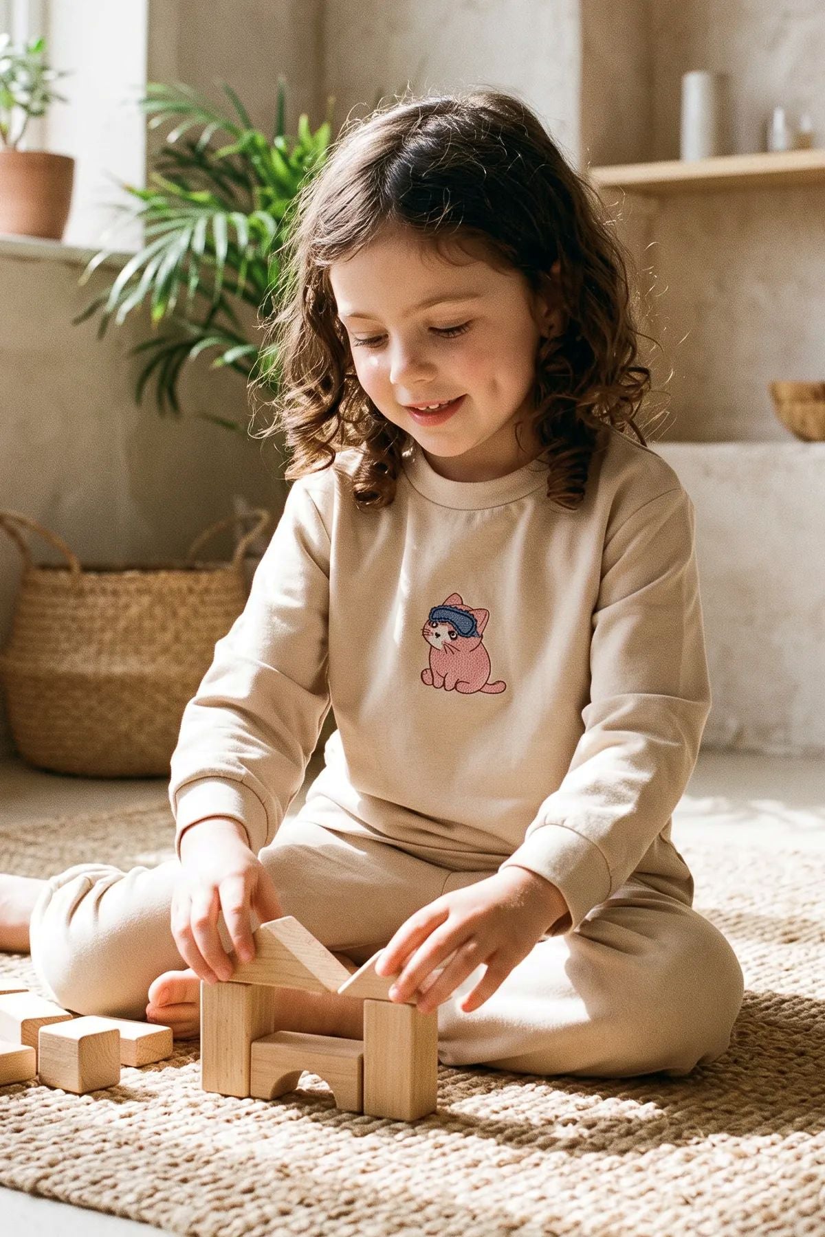 Kız Çocuk Bej Rengi Süprem %100 Pamuk Kedi Baskılı Pijama Takımı