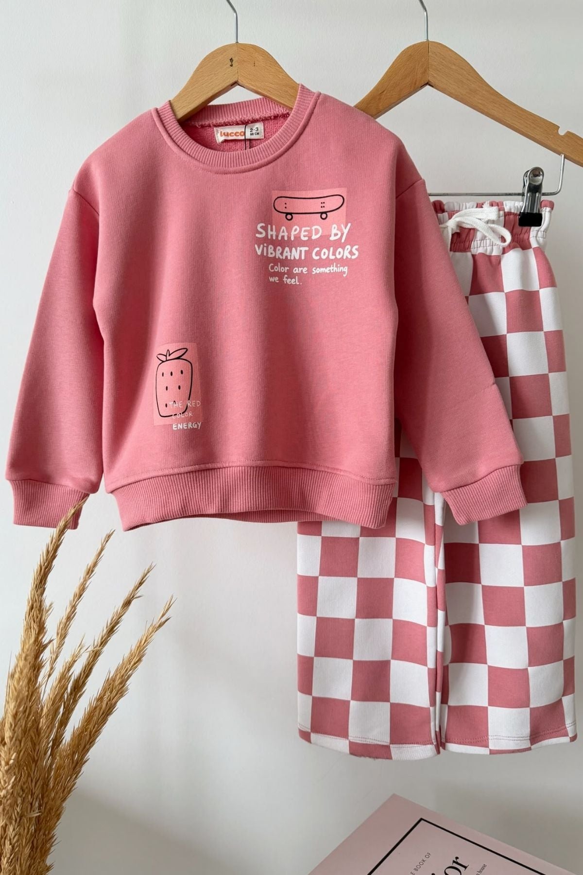 Kız Çocuk Dama Desenli Oversize 3 İplik Sweatshirt ve Bol Paça Eşofman Takım