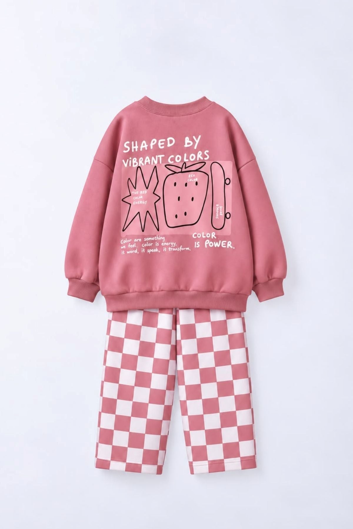 Kız Çocuk Dama Desenli Oversize 3 İplik Sweatshirt ve Bol Paça Eşofman Takım