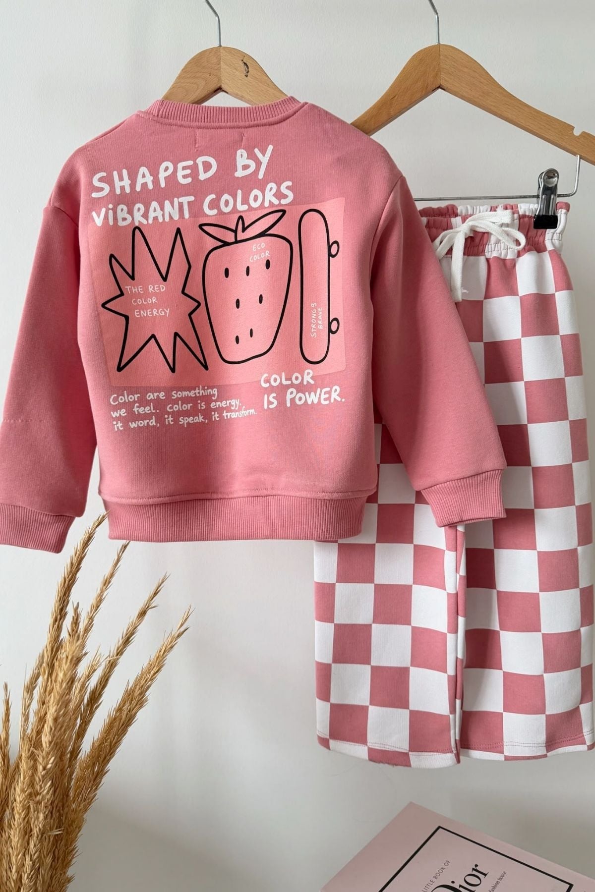 Kız Çocuk Dama Desenli Oversize 3 İplik Sweatshirt ve Bol Paça Eşofman Takım