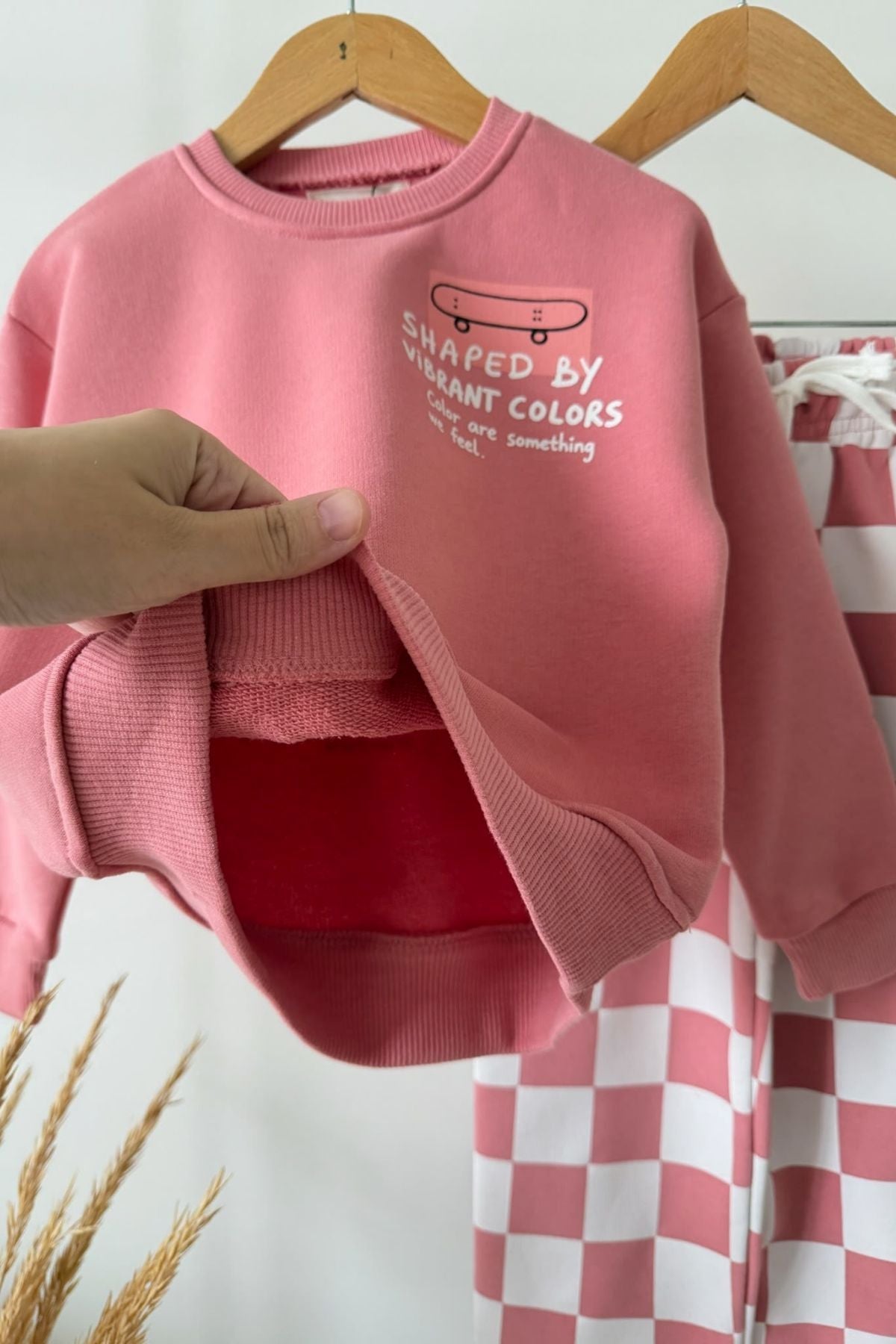 Kız Çocuk Dama Desenli Oversize 3 İplik Sweatshirt ve Bol Paça Eşofman Takım