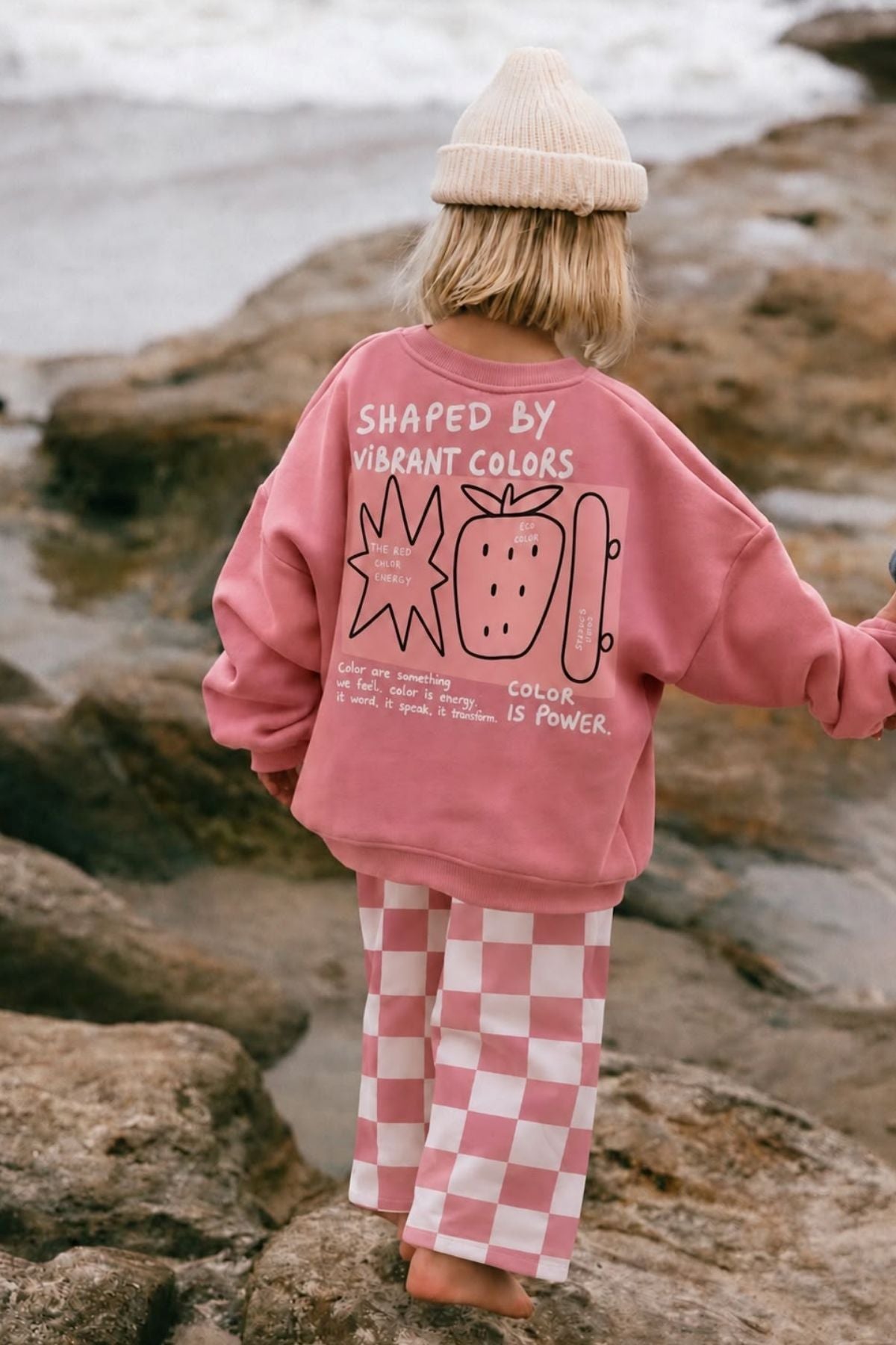 Kız Çocuk Dama Desenli Oversize 3 İplik Sweatshirt ve Bol Paça Eşofman Takım