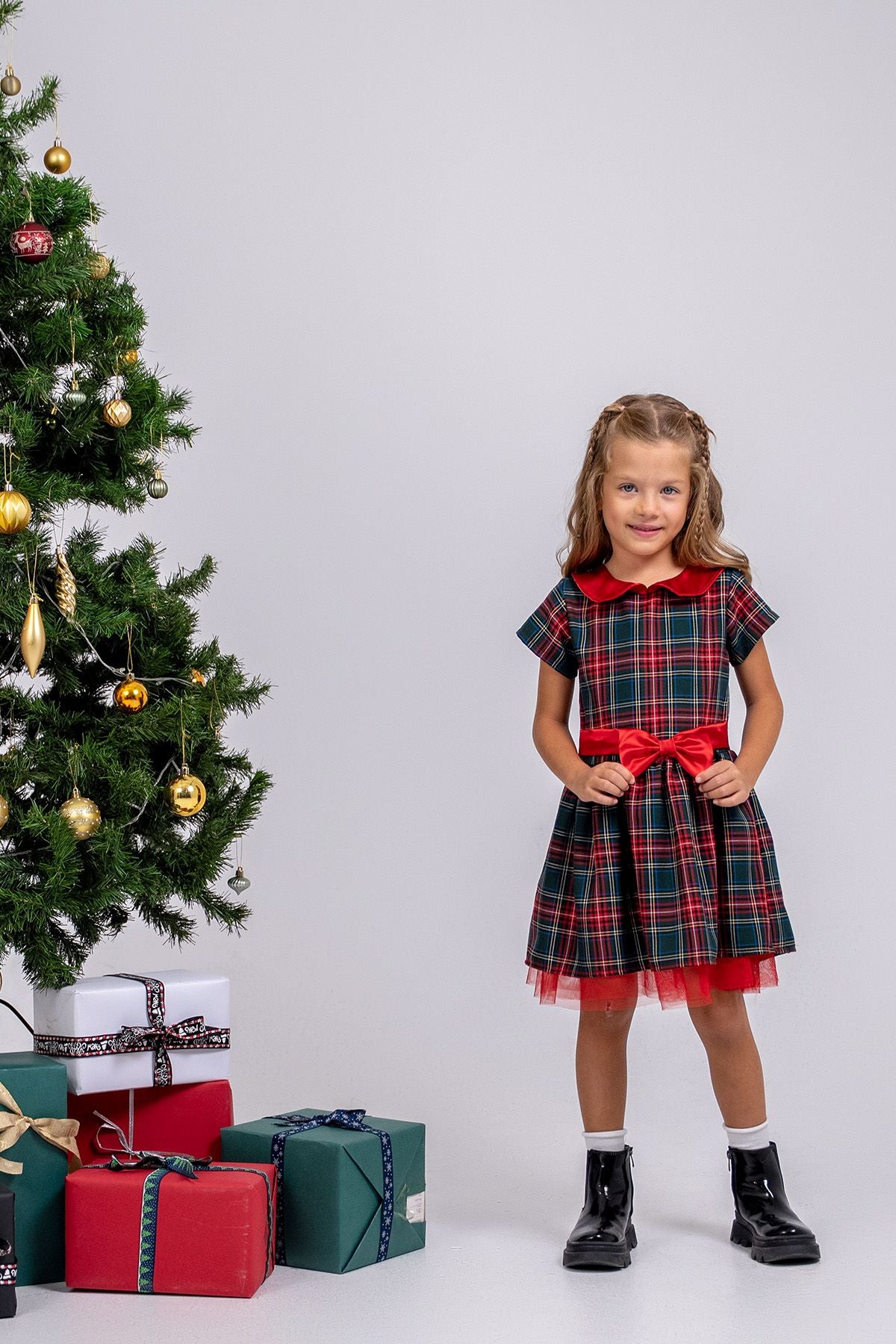 Kız Çocuk Ekose Desenli Fiyonklu Tüllü ( 2-6 ) Yaş Elbise