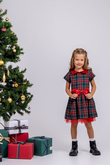 Kız Çocuk Ekose Desenli Fiyonklu Tüllü ( 2-6 ) Yaş Elbise