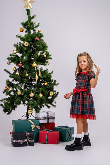 Kız Çocuk Ekose Desenli Fiyonklu Tüllü ( 2-6 ) Yaş Elbise