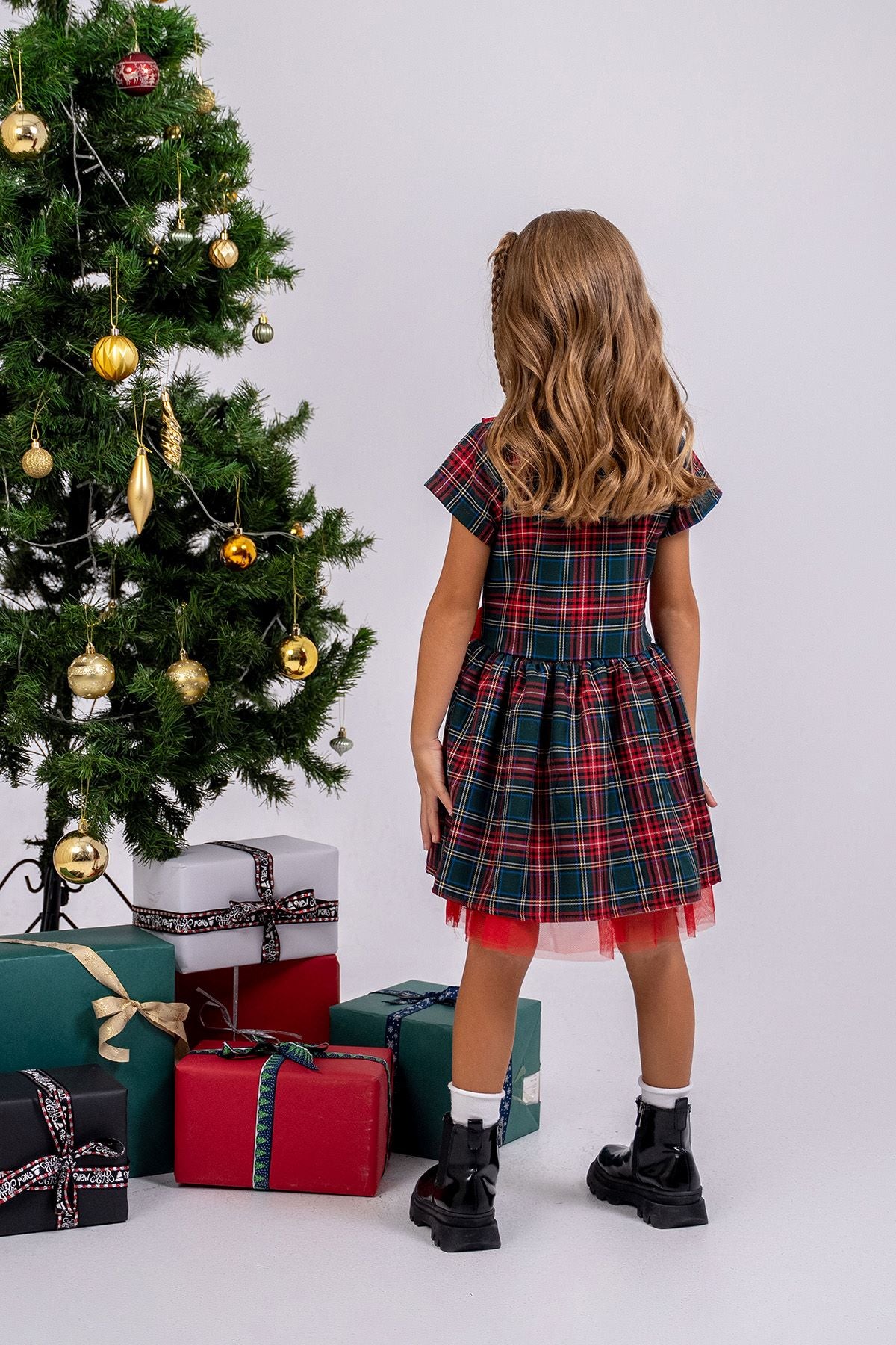 Kız Çocuk Ekose Desenli Fiyonklu Tüllü ( 2-6 ) Yaş Elbise