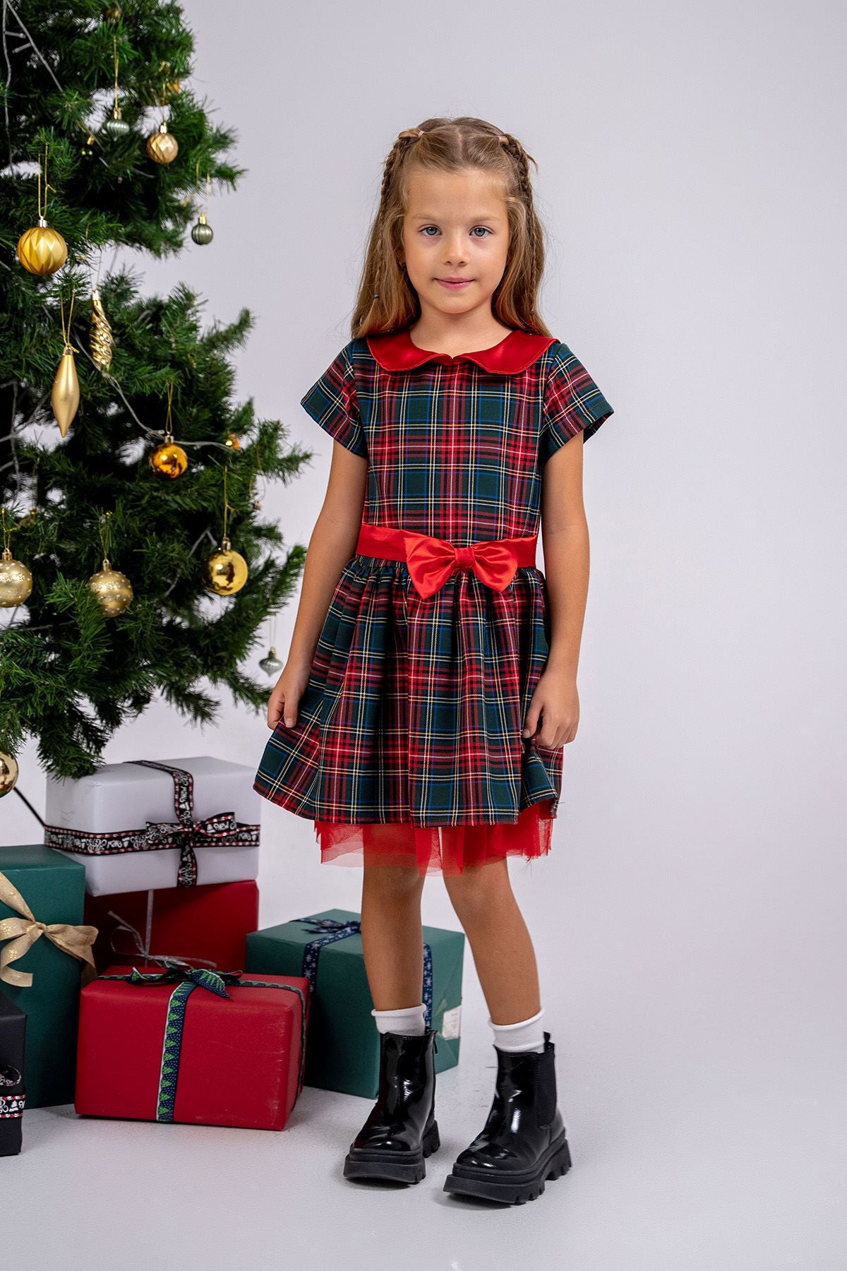 Kız Çocuk Ekose Desenli Fiyonklu Tüllü ( 2-6 ) Yaş Elbise