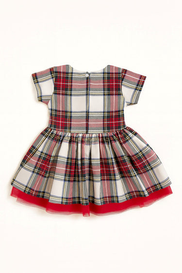 Kız Çocuk Ekose Desenli Fiyonklu Tüllü ( 2-6 ) Yaş Elbise