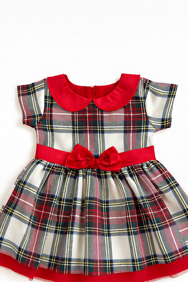 Kız Çocuk Ekose Desenli Fiyonklu Tüllü ( 2-6 ) Yaş Elbise