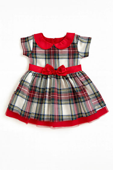 Kız Çocuk Ekose Desenli Fiyonklu Tüllü ( 2-6 ) Yaş Elbise