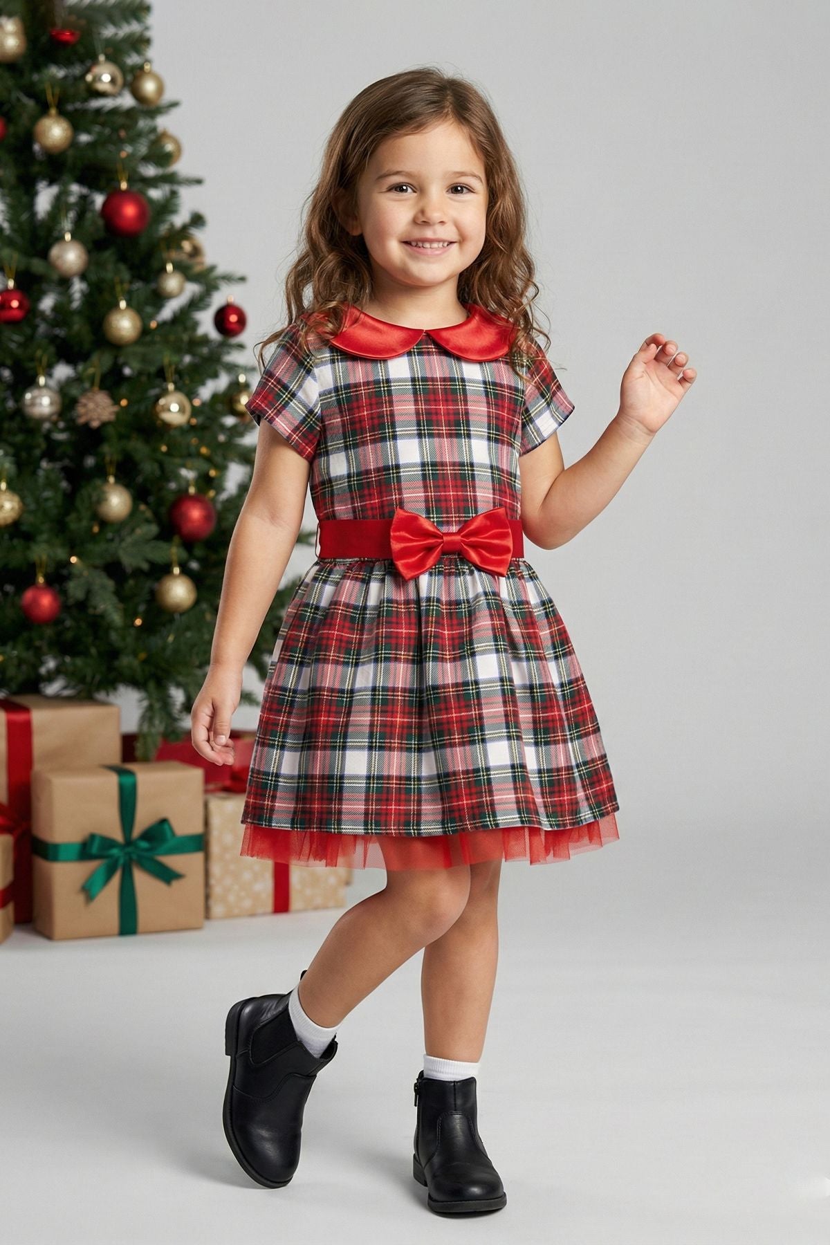 Kız Çocuk Ekose Desenli Fiyonklu Tüllü ( 2-6 ) Yaş Elbise