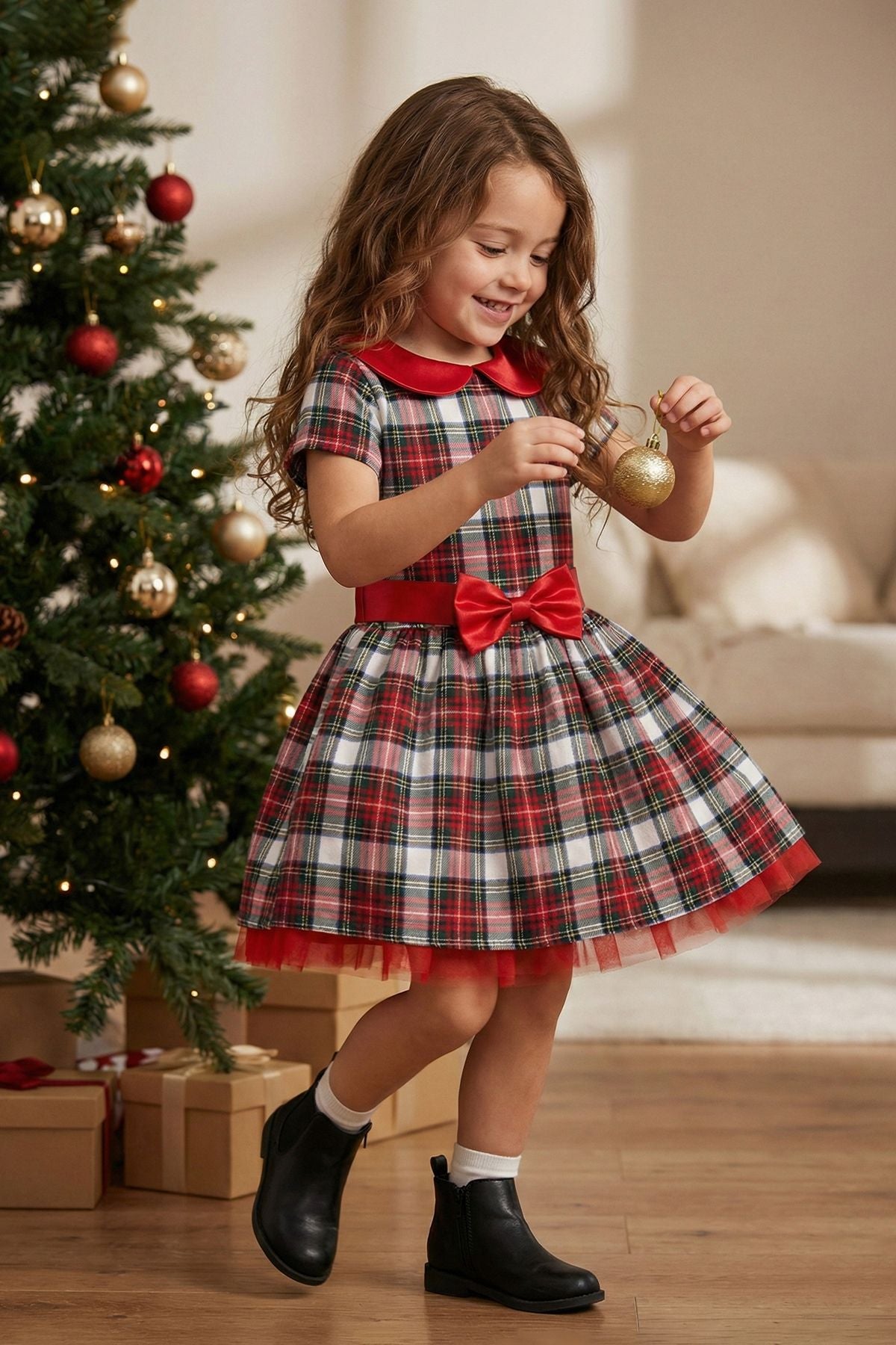 Kız Çocuk Ekose Desenli Fiyonklu Tüllü ( 2-6 ) Yaş Elbise