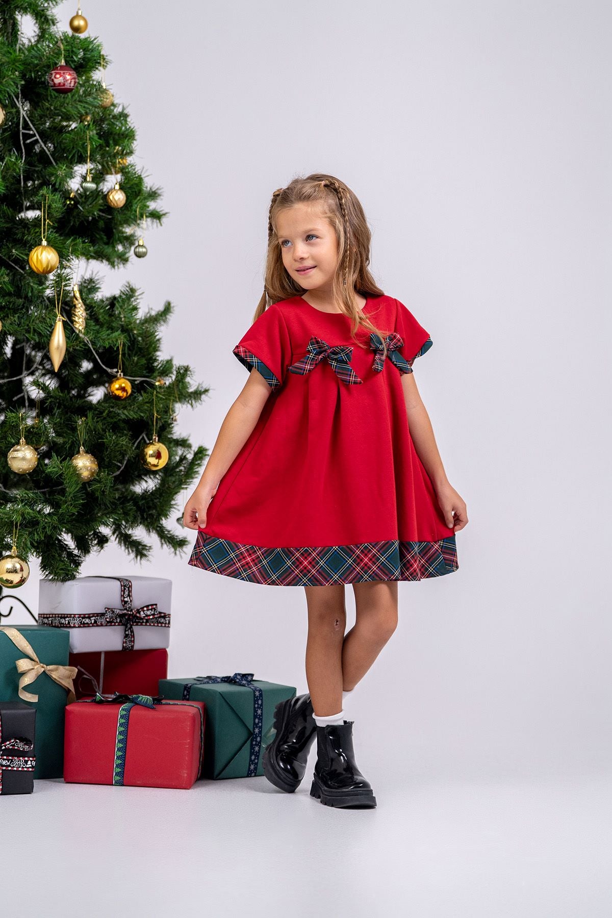 Kız Çocuk Ekoseli Düz Fiyonklu ( 2-6 ) Yaş Noal Elbise