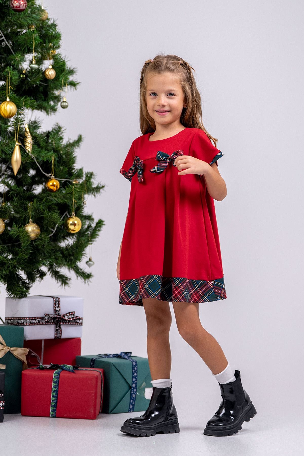 Kız Çocuk Ekoseli Düz Fiyonklu ( 2-6 ) Yaş Noal Elbise