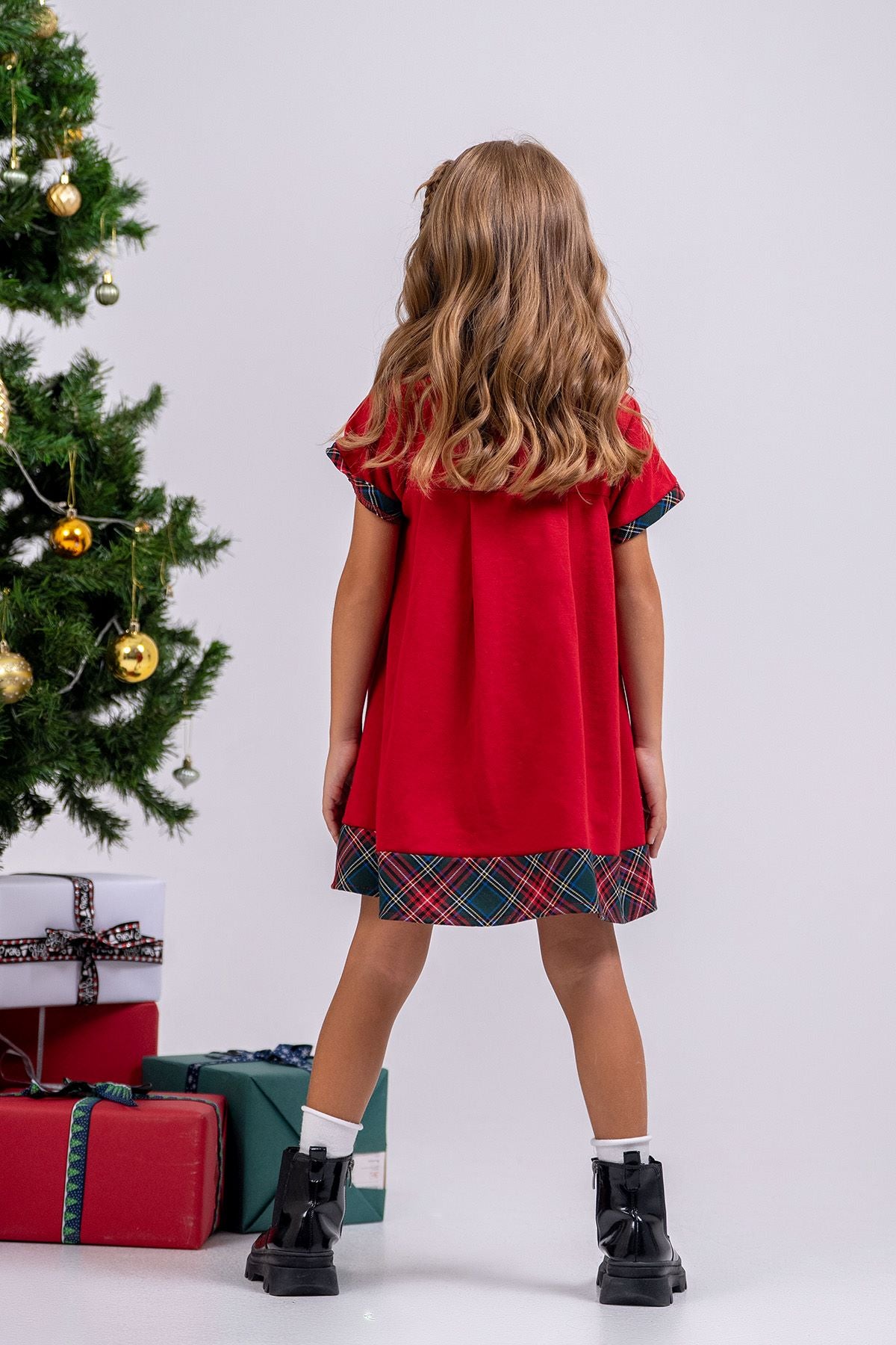 Kız Çocuk Ekoseli Düz Fiyonklu ( 2-6 ) Yaş Noal Elbise