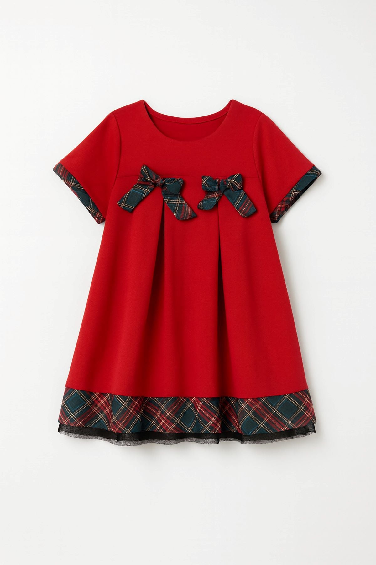 Kız Çocuk Ekoseli Düz Fiyonklu ( 2-6 ) Yaş Noal Elbise