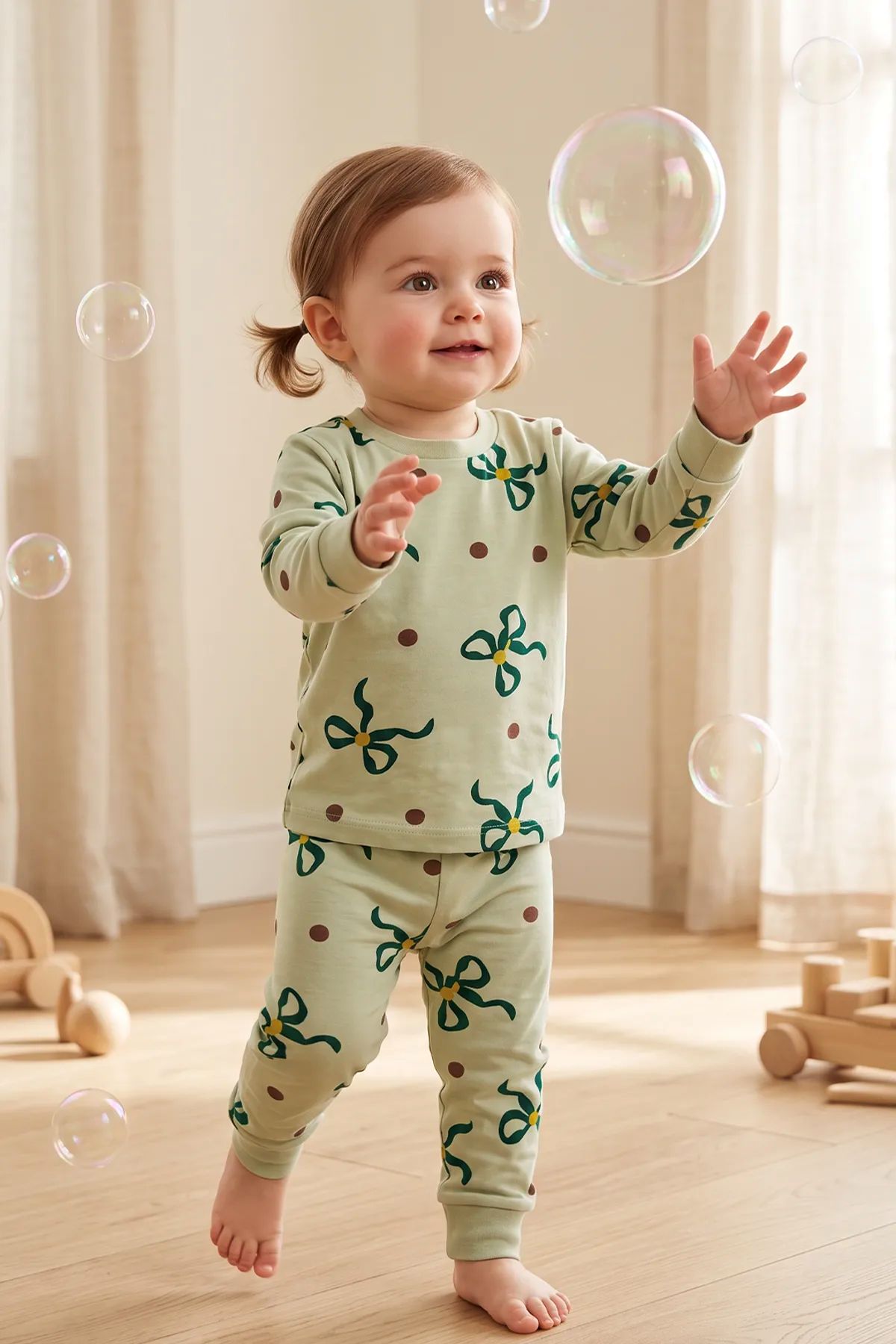 Kız Çocuk Fiyonk ve Puantiye Desenli Uzun Kollu Pijama Takımı