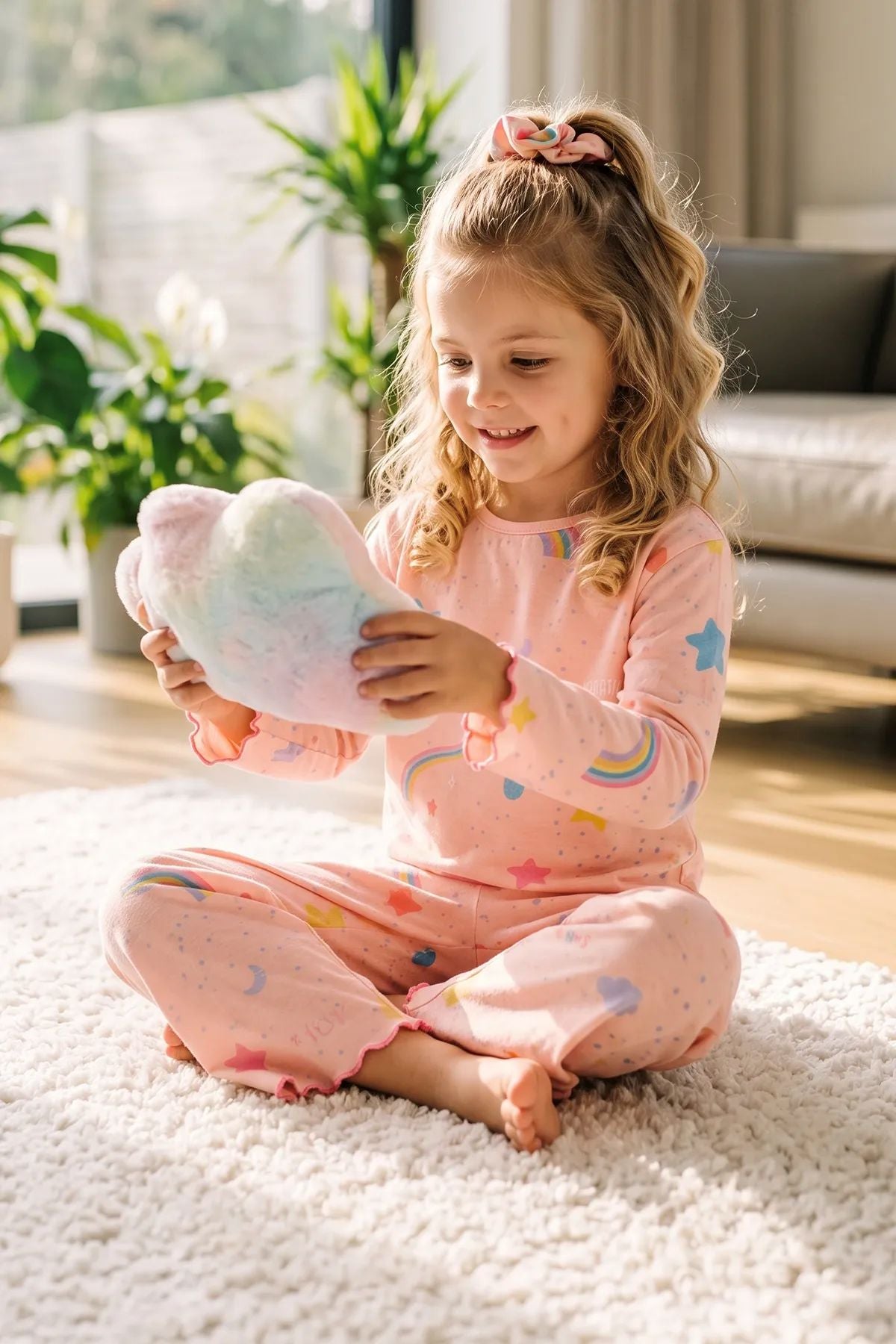 Kız Çocuk Gökkuşağı Desenli Beybi Overlok Somon Pijama Takımı – Toka Hediyeli