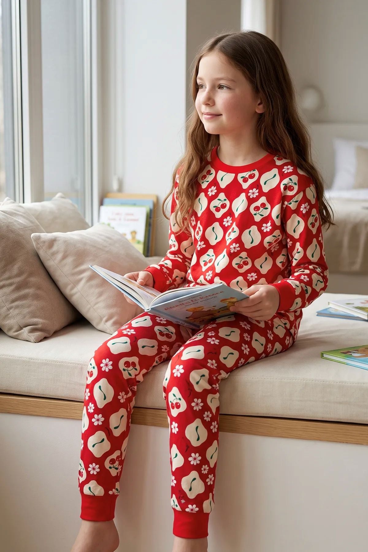 Kız Çocuk Kiraz ve Papatya Desenli Kırmızı Uzun Kollu Alt Üst Pijama Takımı