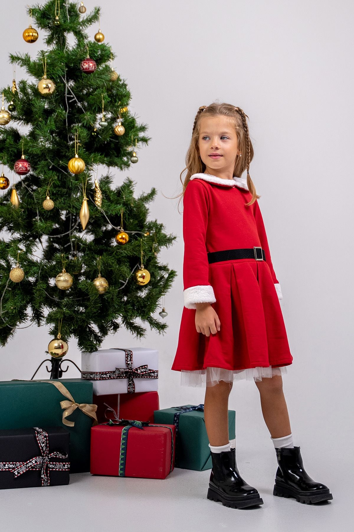 Kız Çocuk Kürk ve Kemer Detaylı ( 2-6 ) Yaş Tüllü Elbise