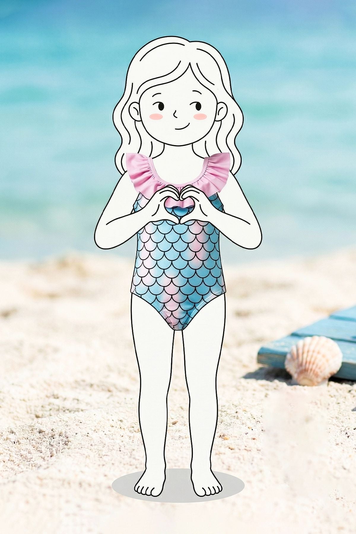 Kız Çocuk Mermaid Desenli Fırfırlı Mayo