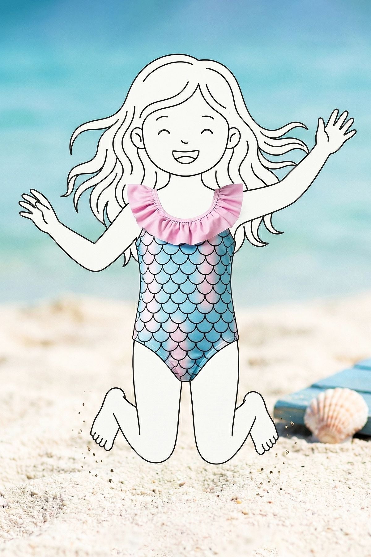 Kız Çocuk Mermaid Desenli Fırfırlı Mayo