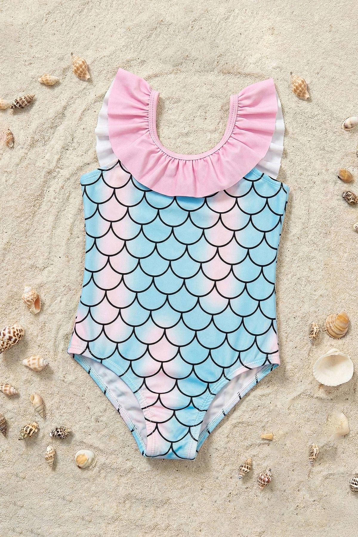 Kız Çocuk Mermaid Desenli Fırfırlı Mayo