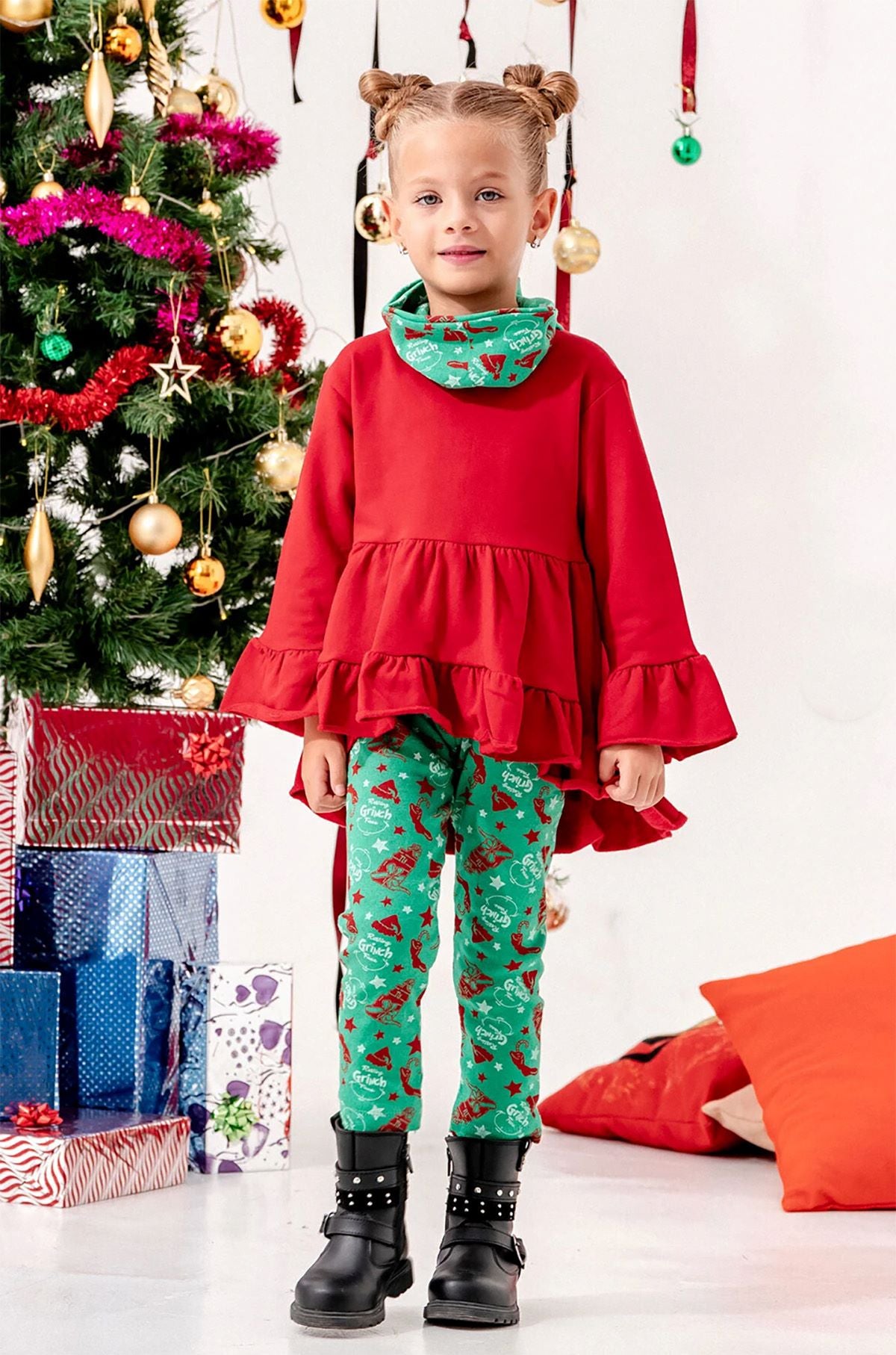 Kız Çocuk Noal Temalı 3'Lü Grinch Tayt Takım