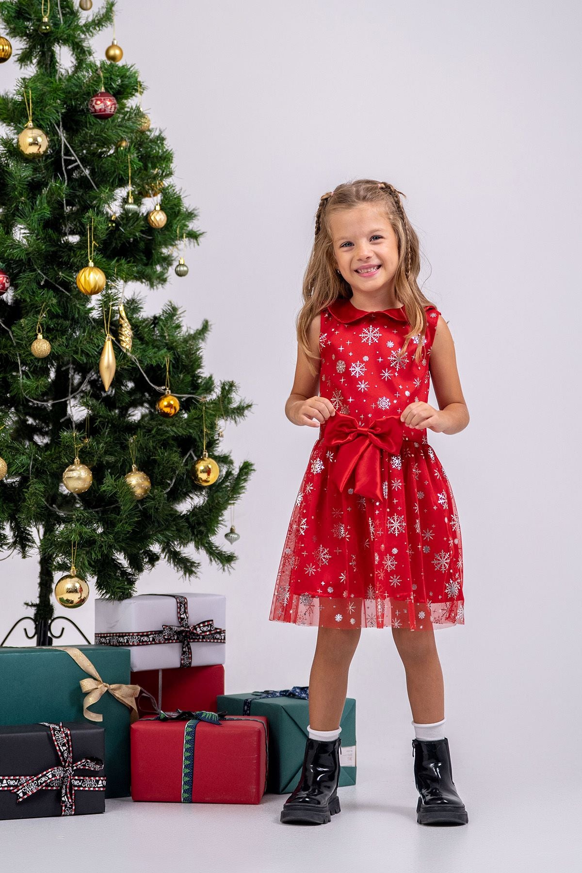 Kız Çocuk Noal Temalı Kar Taneli Kırmızı Fiyonklu Tül Elbise