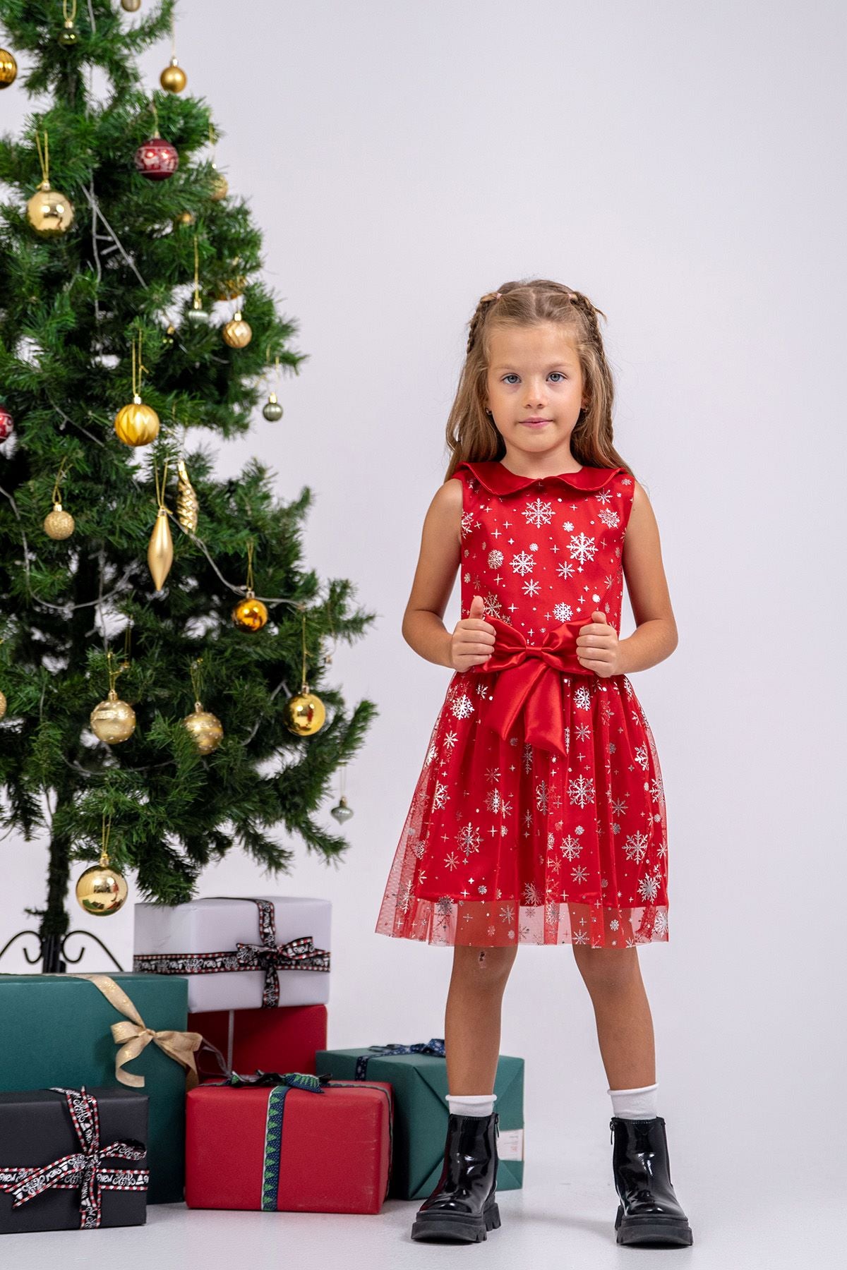 Kız Çocuk Noal Temalı Kar Taneli Kırmızı Fiyonklu Tül Elbise