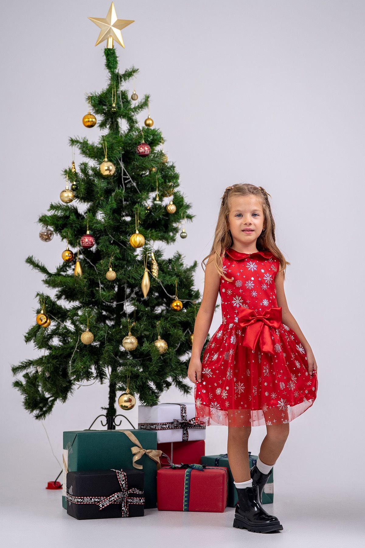 Kız Çocuk Noal Temalı Kar Taneli Kırmızı Fiyonklu Tül Elbise