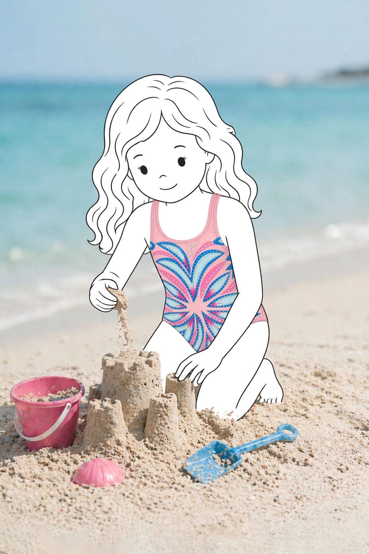 Kız Çocuk Pembe Işıltılı Taş Detaylı Desenli Mayo