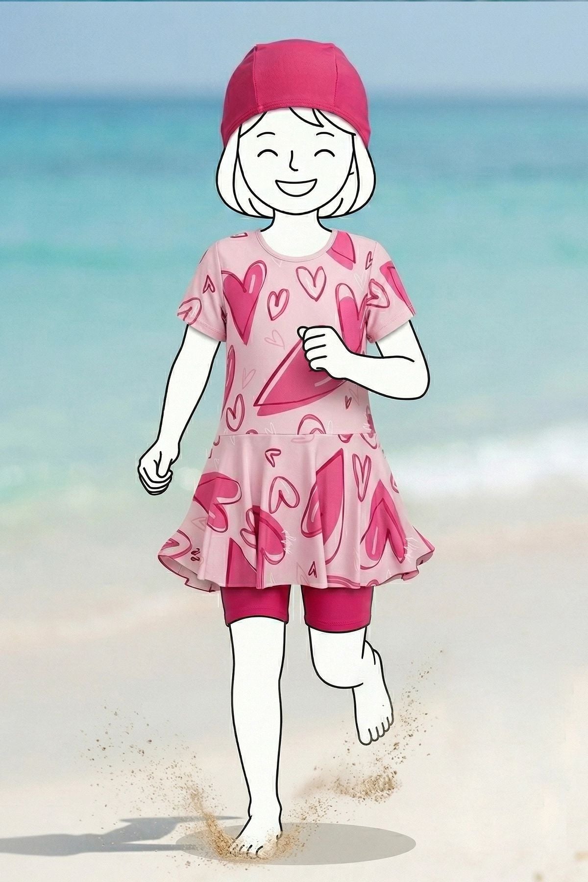 Kız Çocuk Pembe Kalp Desenli 3'lü Boneli Mayo Takımı