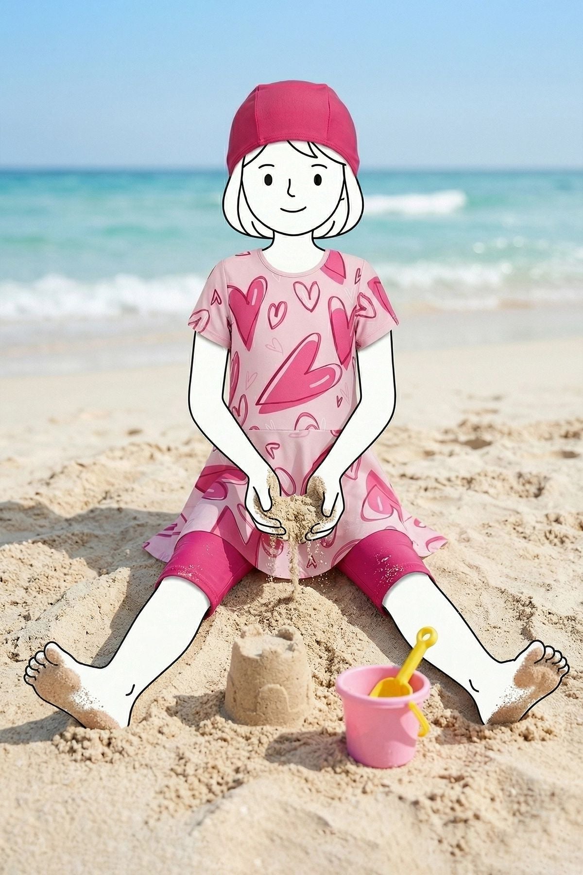 Kız Çocuk Pembe Kalp Desenli 3'lü Boneli Mayo Takımı