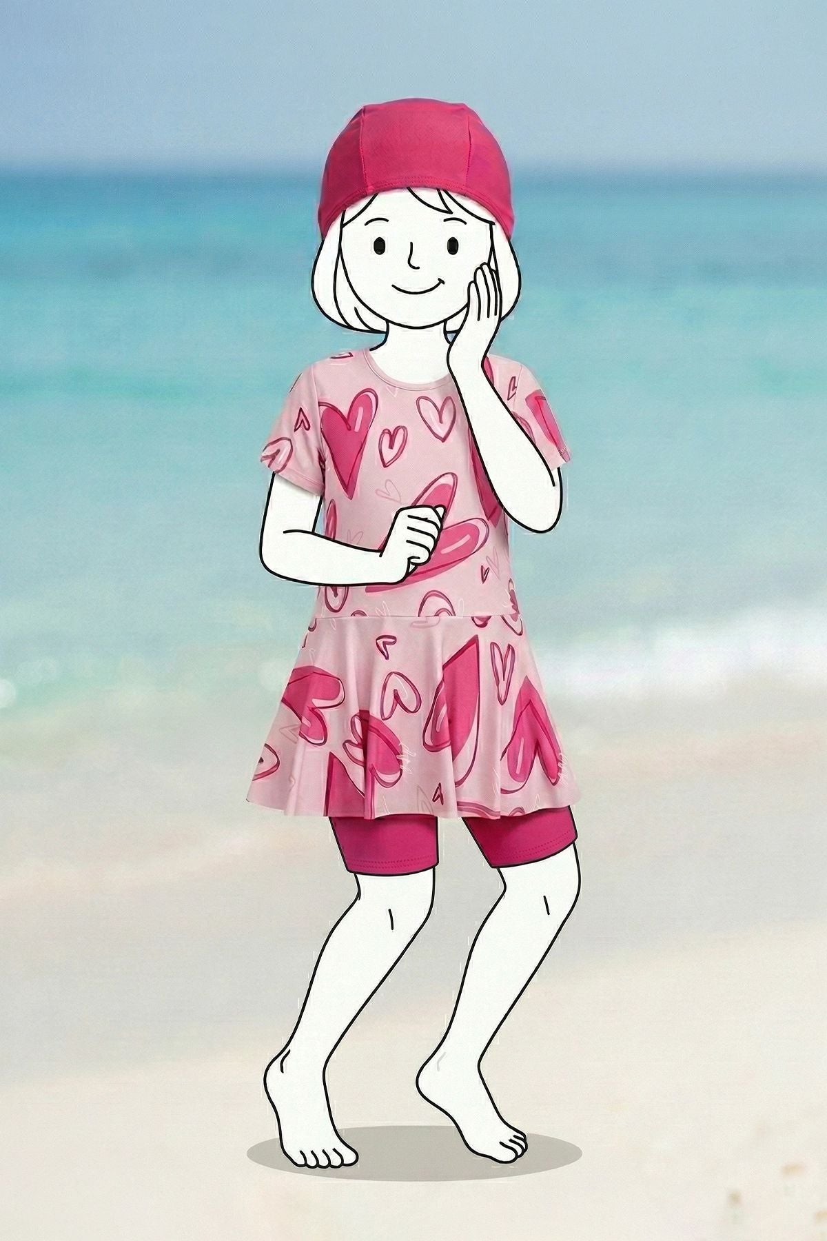 Kız Çocuk Pembe Kalp Desenli 3'lü Boneli Mayo Takımı