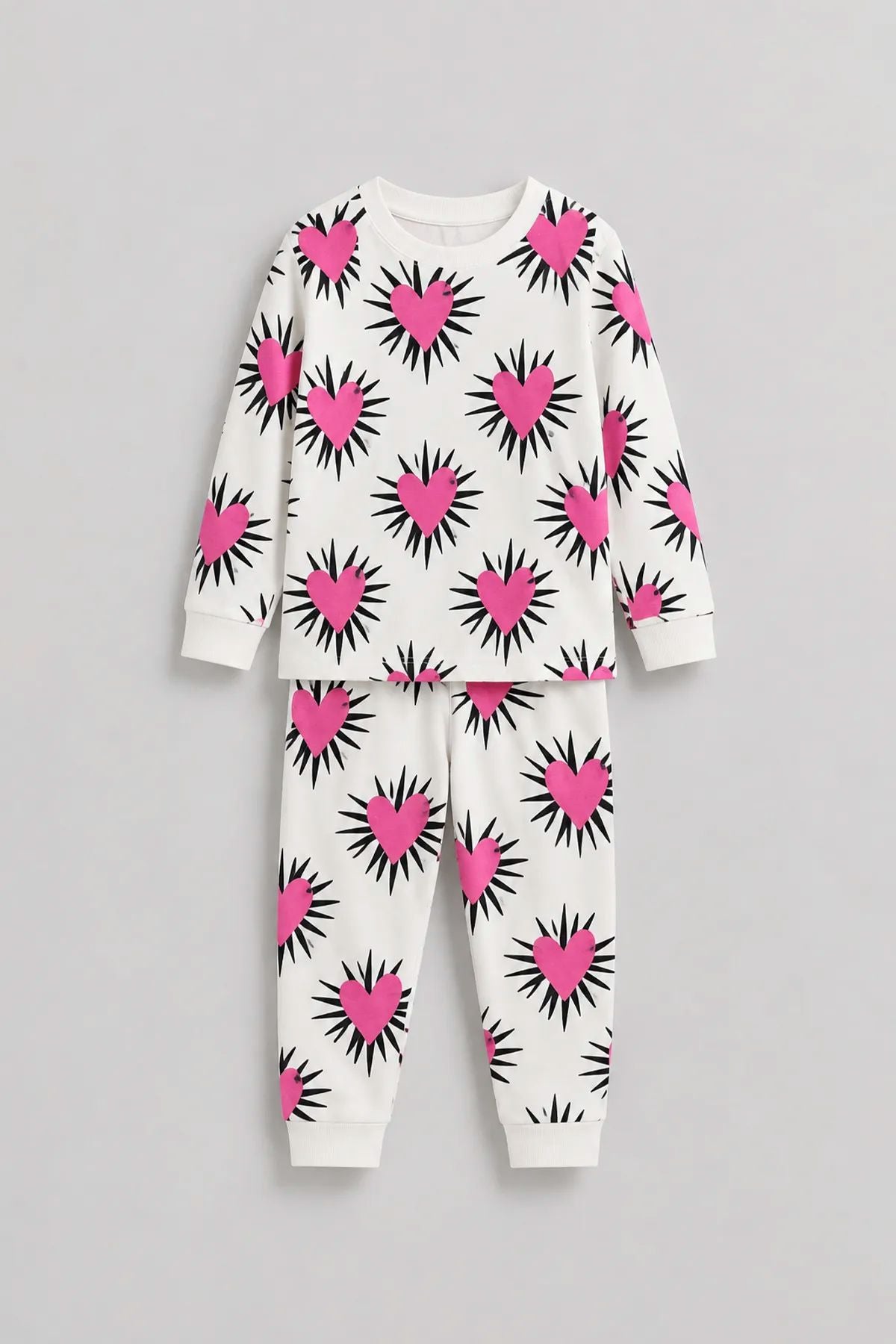 Kız Çocuk Pembe Kalp Desenli Uzun Kollu Pijama Takımı