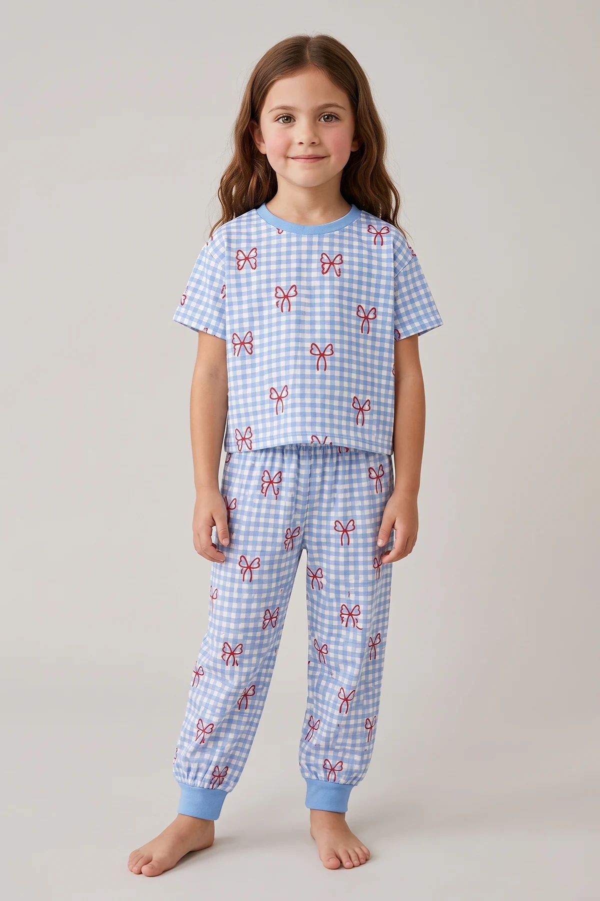 Kız Çocuk Pötikare Desenli Mavi Beyaz Renk Fiyonklu Kısa Kol %100 Pamuk Pijama Takımı